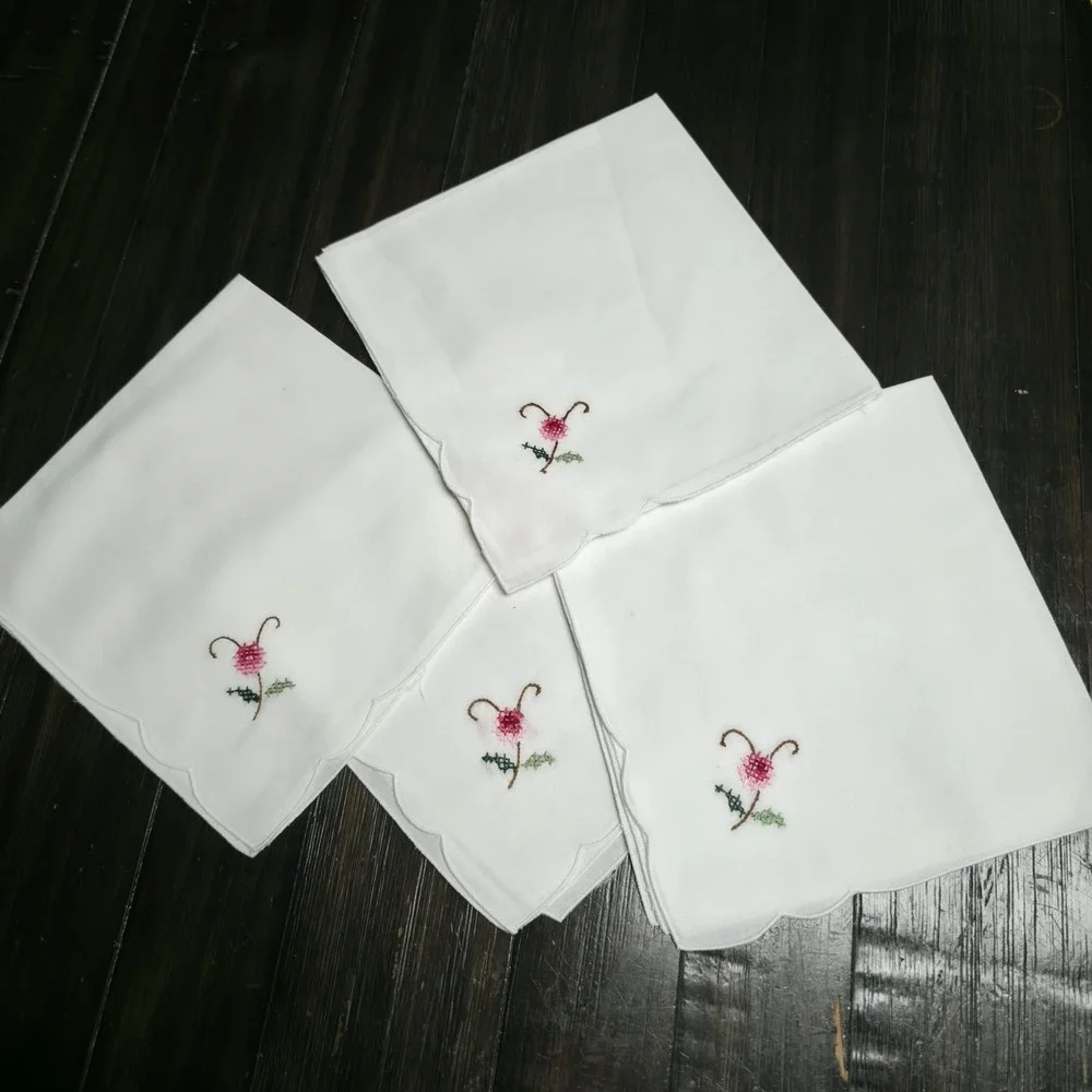 Vtg White Cloth Napkins Set of 4 Hand Stitched Cross Stitch Pink Floral